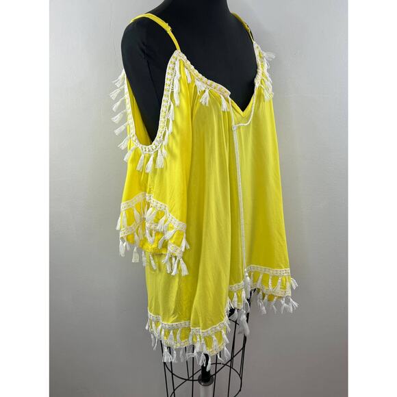 VENUS Yellow White Boho Tassel Strappy Cold Shoulder Swim Beach Cover Up Dress S - Picture 2 of 12